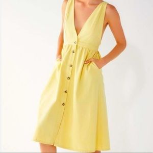 Yellow Denim Midi Deep V Pinafore Overall Dress